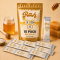 Rah Honey Packets with honey jar and honeycomb on a beige background