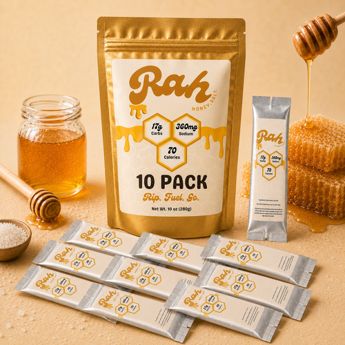 Rah Honey Packets with honey jar and honeycomb on a beige background