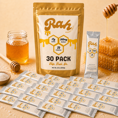 Honey packets with 'Rah' branding on a beige background